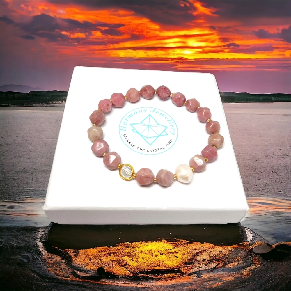 8 mm Faceted Rhodonite with one Freshwater Pearl bracelet